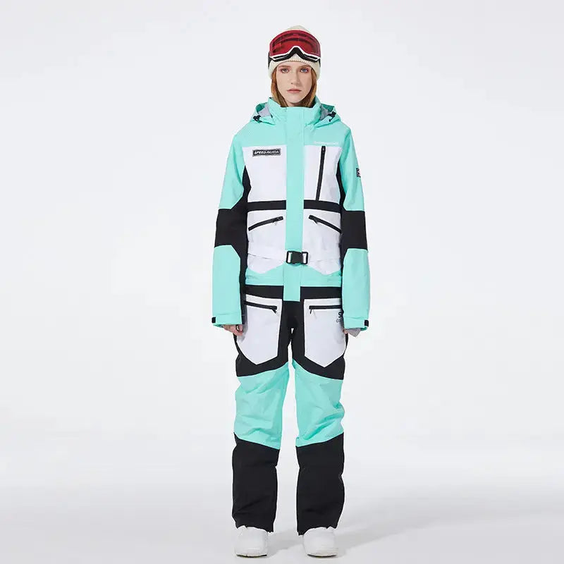 Unisex One Piece Ski Suit Patchwork Snowwear for Winter Sports