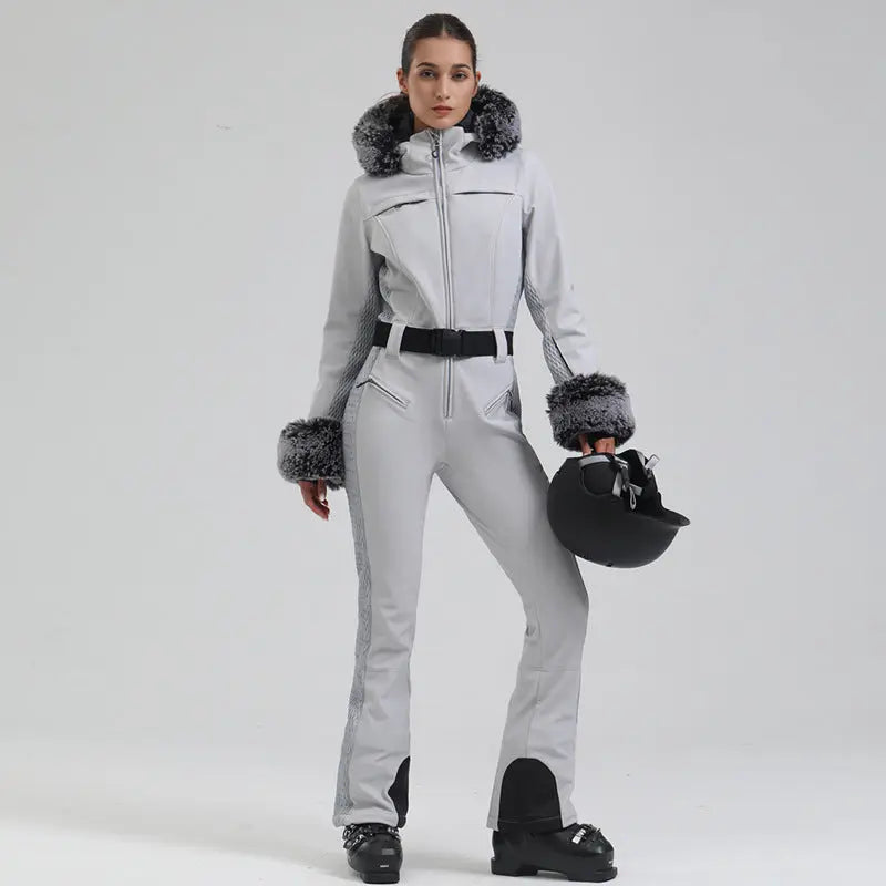 Chic Slim Fit One Piece Ski Jumpsuit with Faux Fur Hood