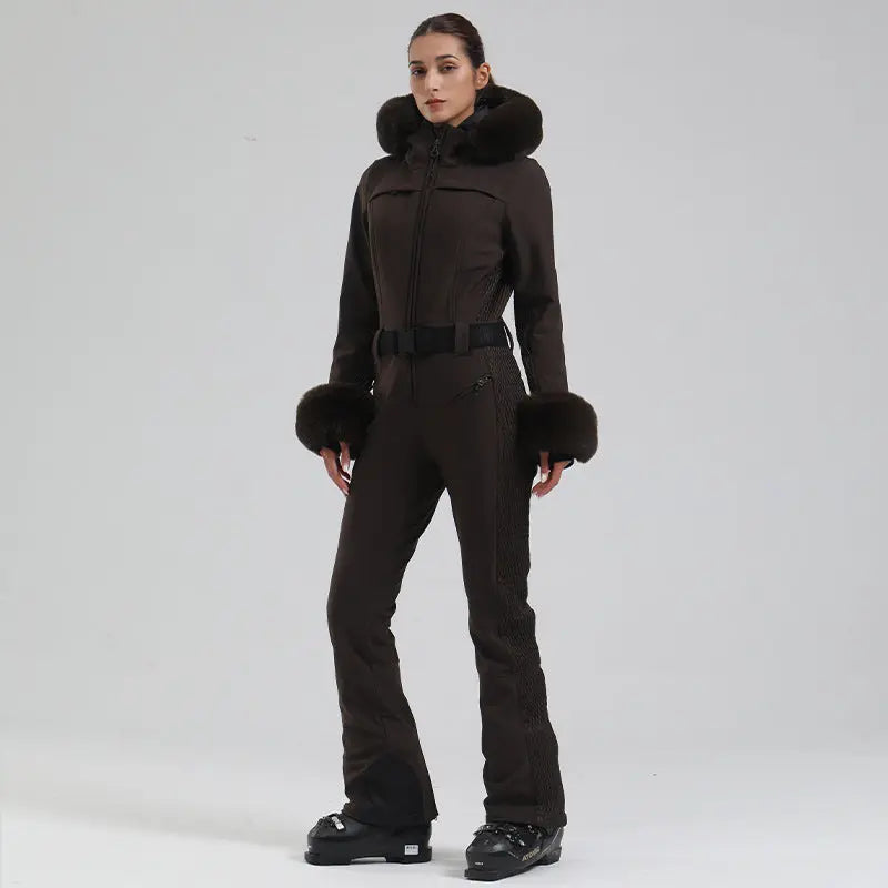 Chic Slim Fit One Piece Ski Jumpsuit with Faux Fur Hood