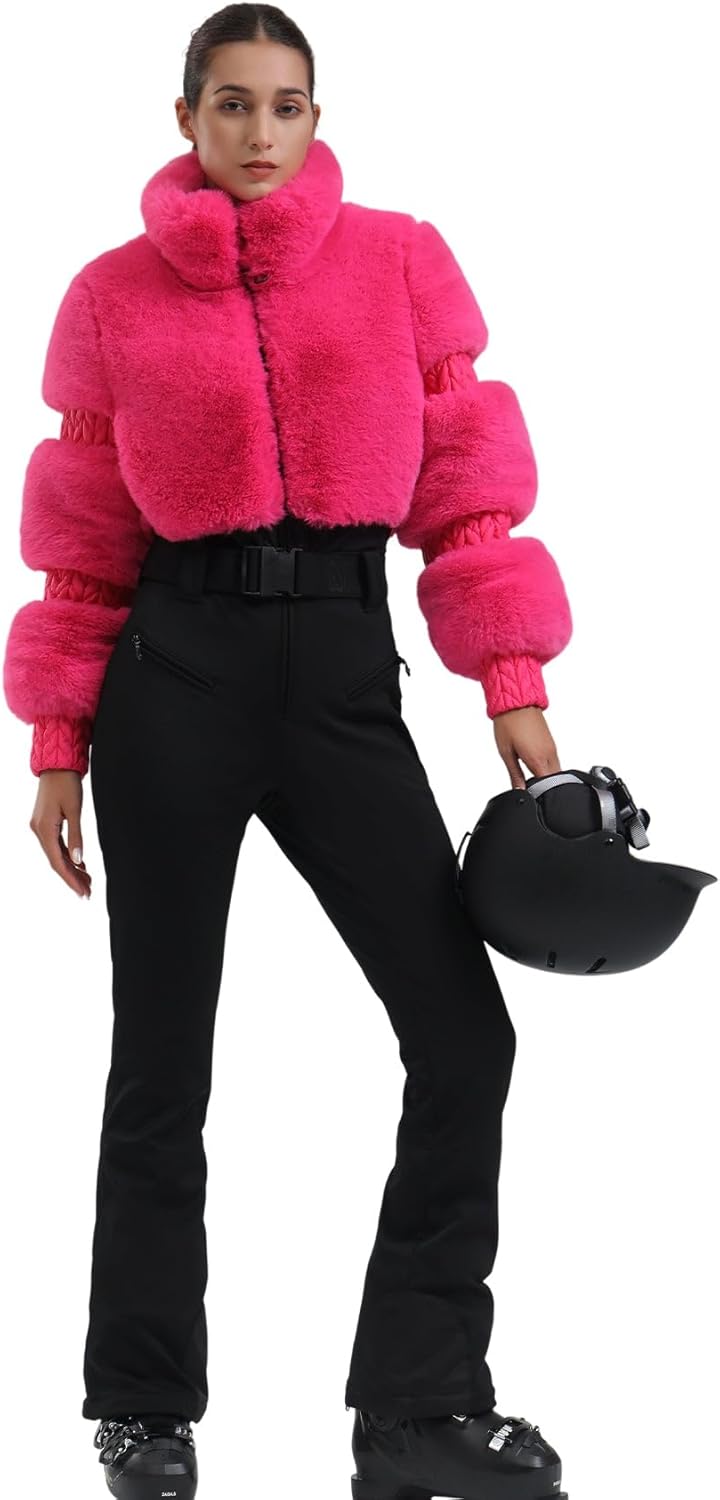 Women Ski Suit One Piece Snowsuit Snowboard Faux Fur Collar Slim Jumpsuit