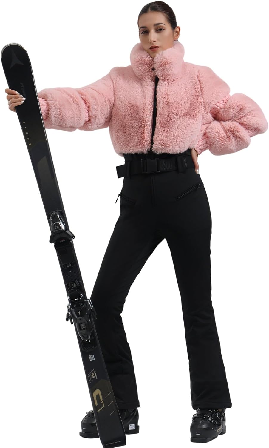 Women Ski Suit One Piece Snowsuit Snowboard Faux Fur Collar Slim Jumpsuit