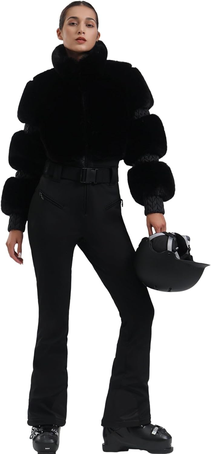 Women Ski Suit One Piece Snowsuit Snowboard Faux Fur Collar Slim Jumpsuit
