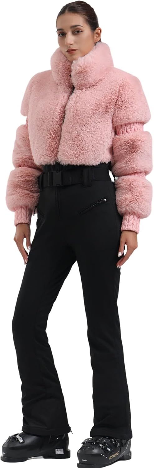 Women Ski Suit One Piece Snowsuit Snowboard Faux Fur Collar Slim Jumpsuit