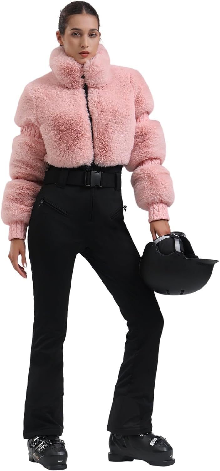Women Ski Suit One Piece Snowsuit Snowboard Faux Fur Collar Slim Jumpsuit