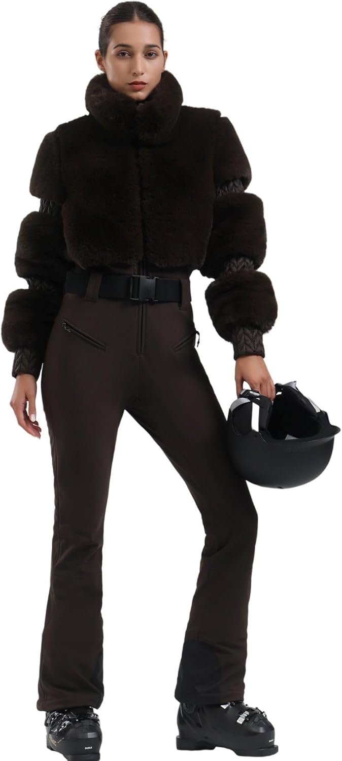 Women Ski Suit One Piece Snowsuit Snowboard Faux Fur Collar Slim Jumpsuit