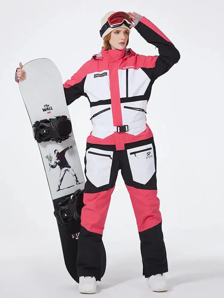 Unisex One Piece Ski Suit Patchwork Snowwear for Winter Sports