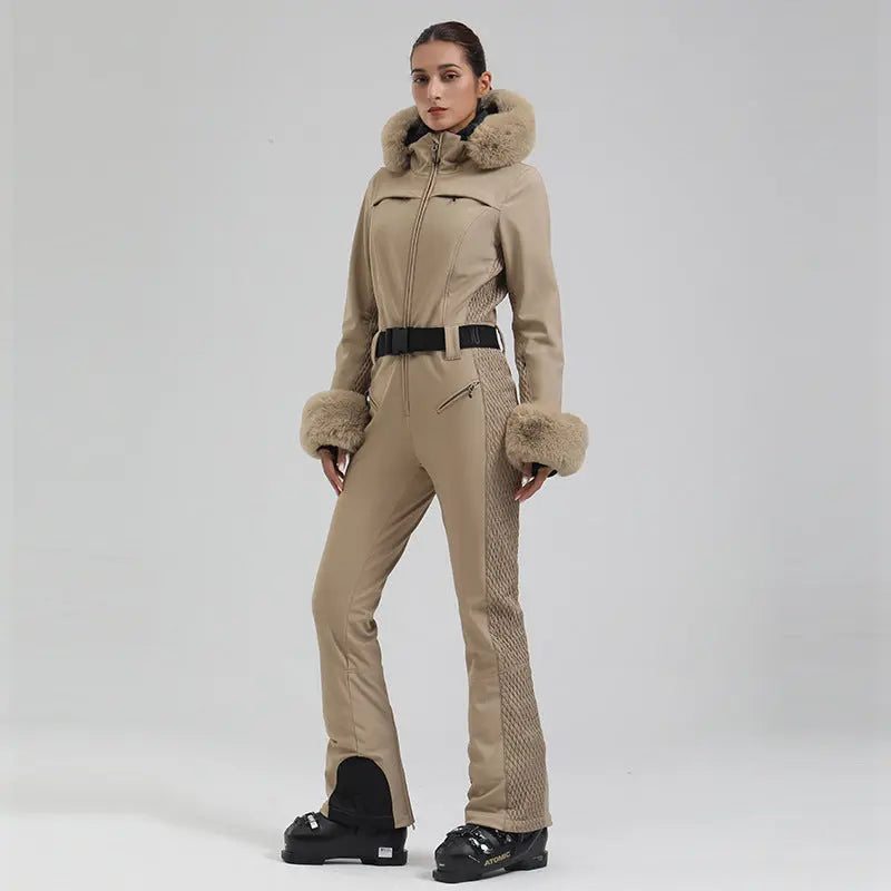 Chic Slim Fit One Piece Ski Jumpsuit with Faux Fur Hood