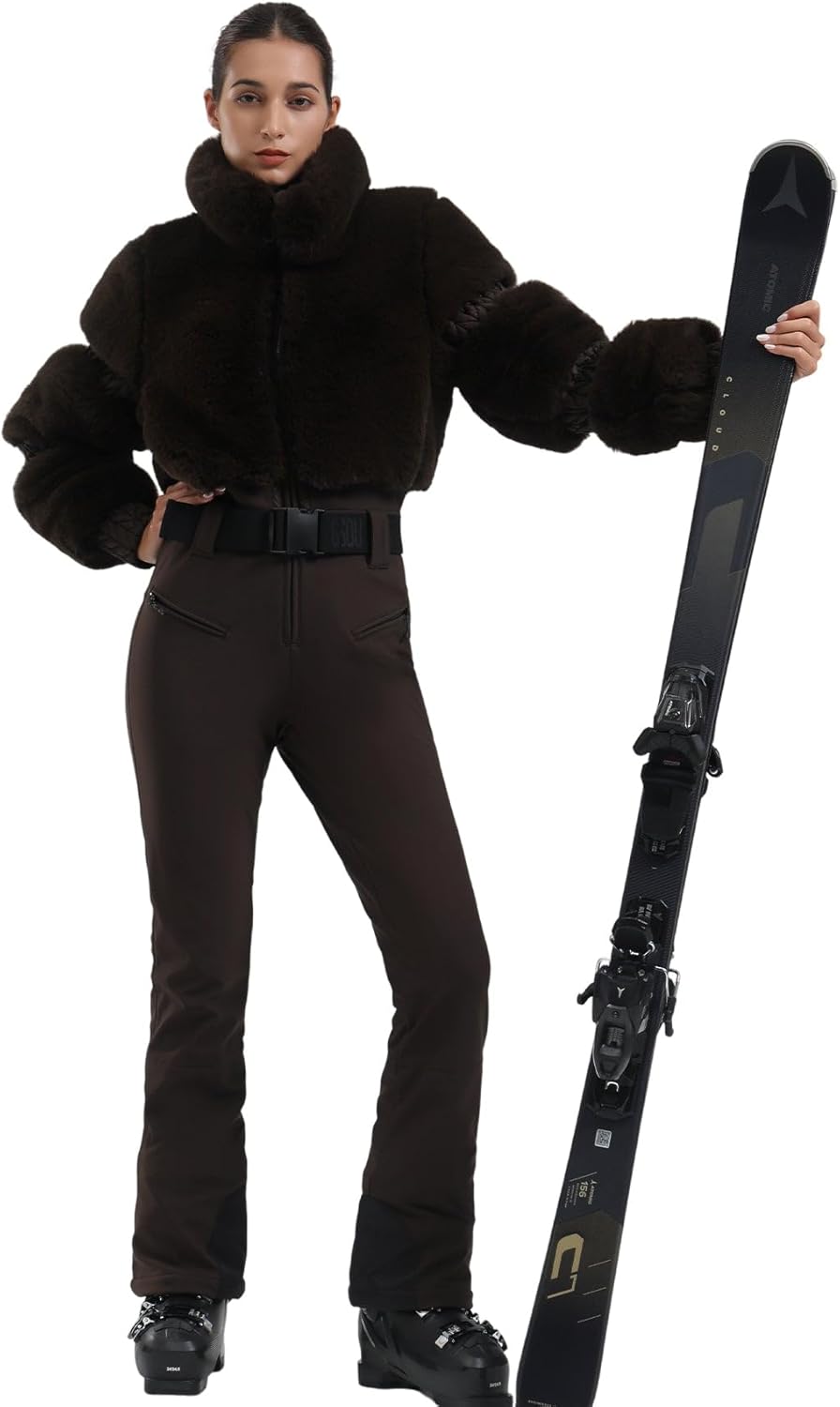 Women Ski Suit One Piece Snowsuit Snowboard Faux Fur Collar Slim Jumpsuit