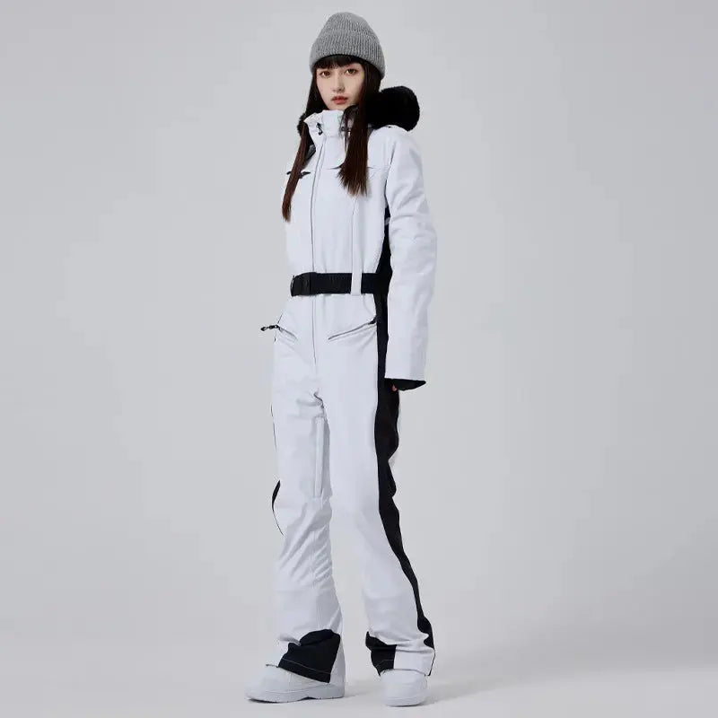 Women’s High Neck Hooded One Piece Ski Suit for Winter Sports