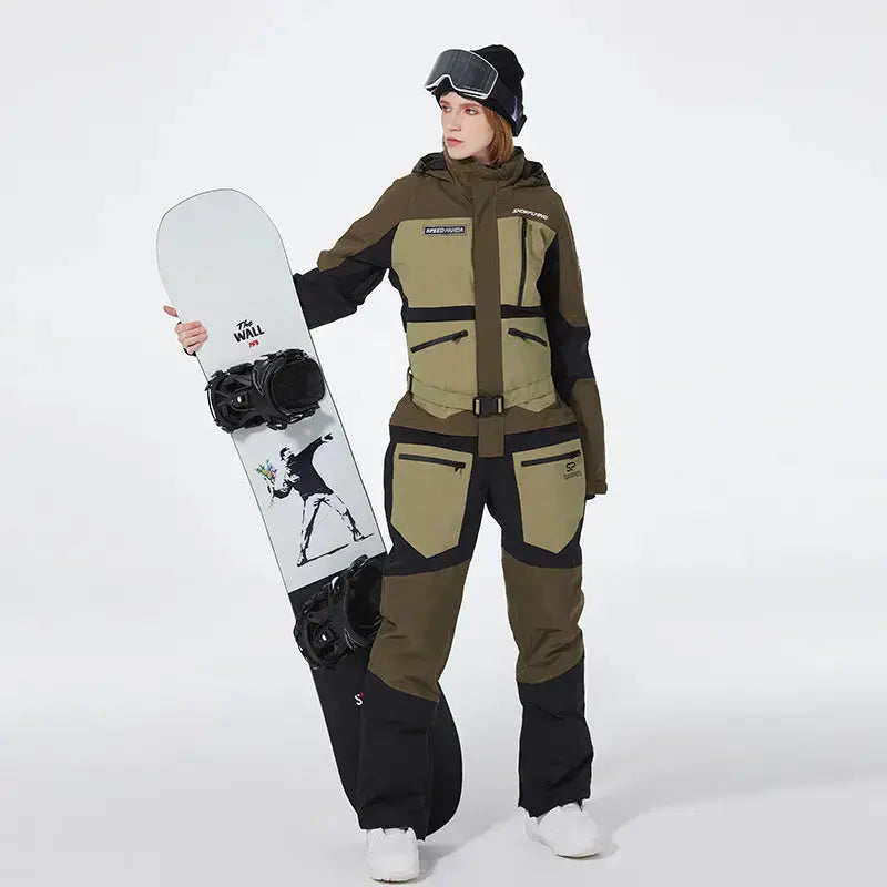 Unisex One Piece Ski Suit Patchwork Snowwear for Winter Sports