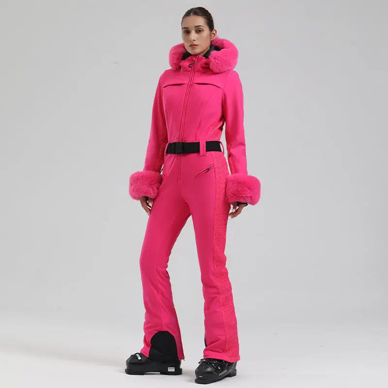 Chic Slim Fit One Piece Ski Jumpsuit with Faux Fur Hood