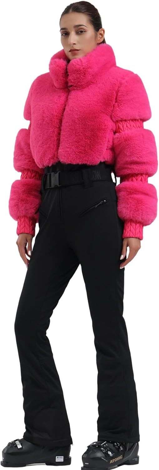 Women Ski Suit One Piece Snowsuit Snowboard Faux Fur Collar Slim Jumpsuit