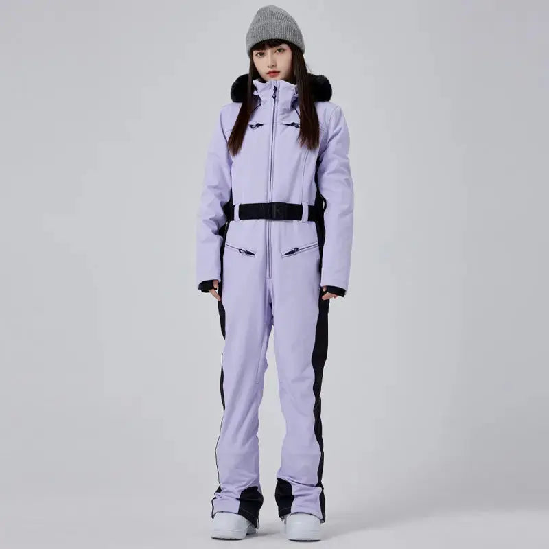 Women’s High Neck Hooded One Piece Ski Suit for Winter Sports