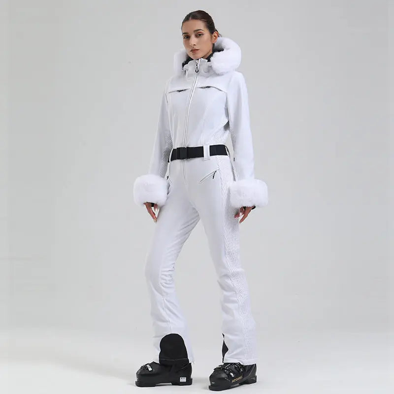 Chic Slim Fit One Piece Ski Jumpsuit with Faux Fur Hood