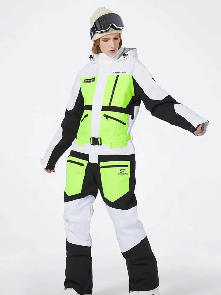 Unisex One Piece Ski Suit Patchwork Snowwear for Winter Sports