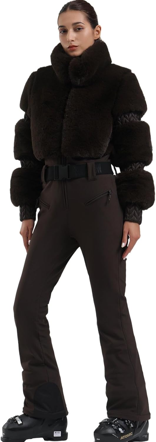 Women Ski Suit One Piece Snowsuit Snowboard Faux Fur Collar Slim Jumpsuit