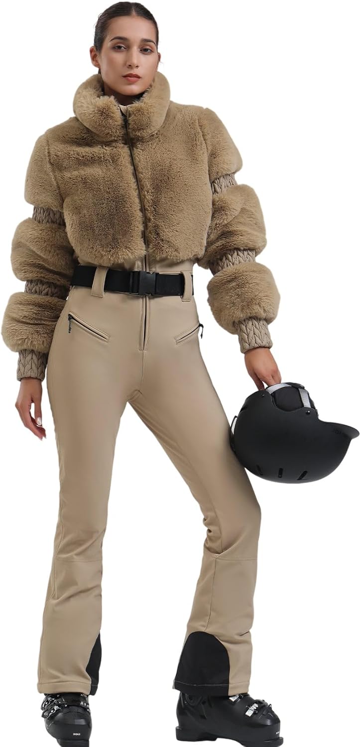 Women Ski Suit One Piece Snowsuit Snowboard Faux Fur Collar Slim Jumpsuit