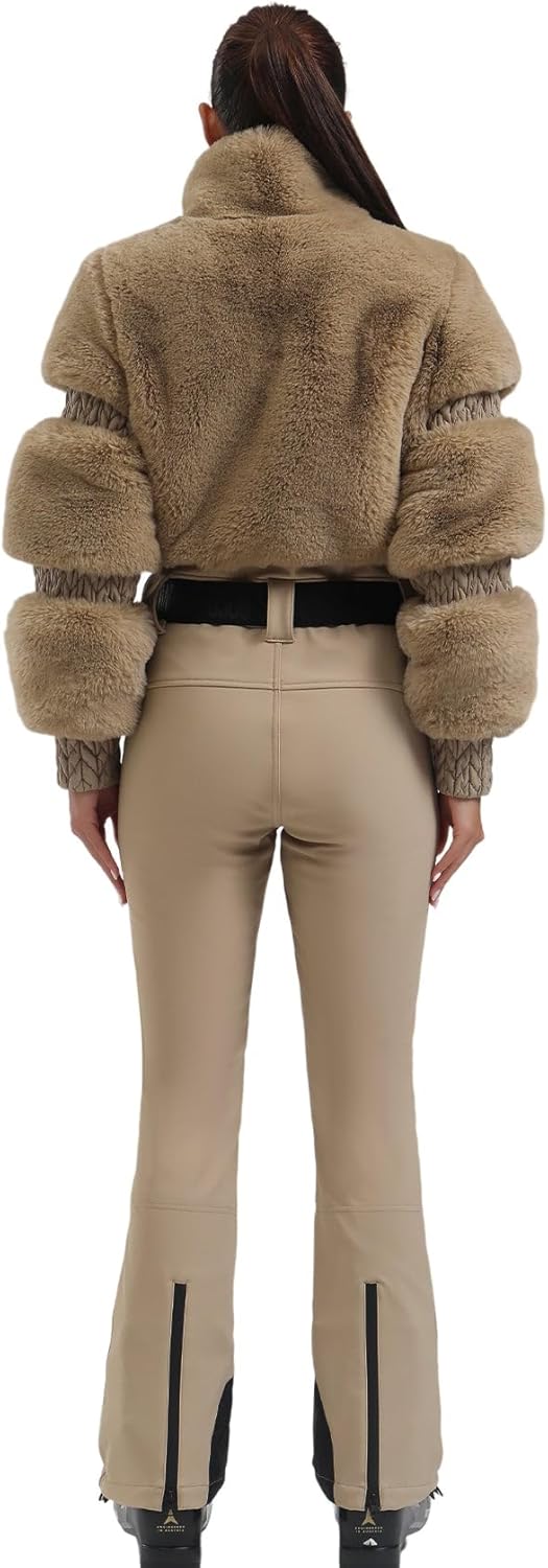 Women Ski Suit One Piece Snowsuit Snowboard Faux Fur Collar Slim Jumpsuit
