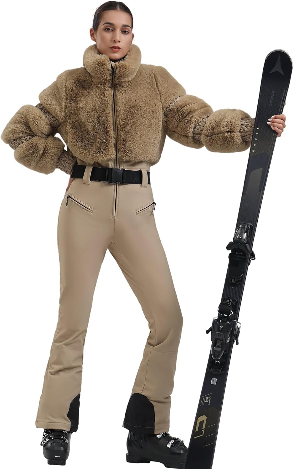 Women Ski Suit One Piece Snowsuit Snowboard Faux Fur Collar Slim Jumpsuit
