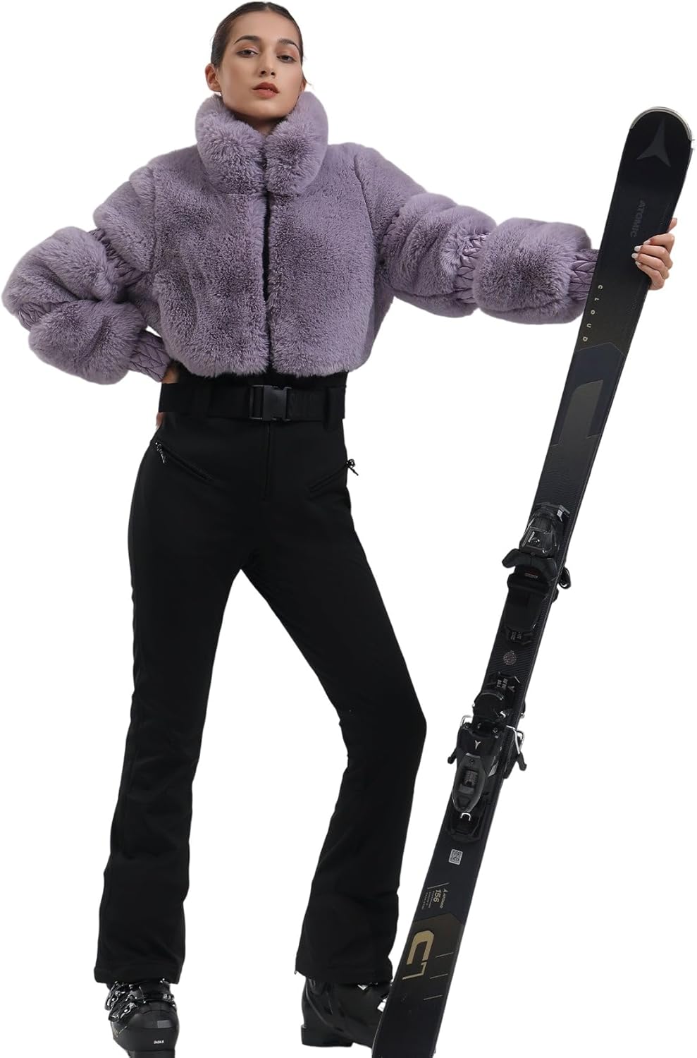 Women Ski Suit One Piece Snowsuit Snowboard Faux Fur Collar Slim Jumpsuit