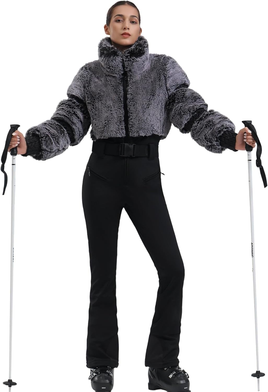 Women Ski Suit One Piece Snowsuit Snowboard Faux Fur Collar Slim Jumpsuit