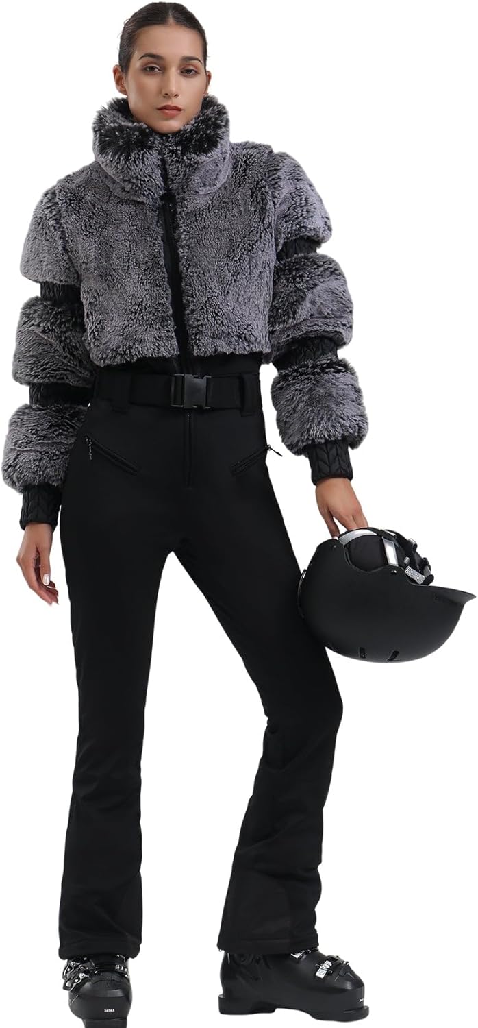 Women Ski Suit One Piece Snowsuit Snowboard Faux Fur Collar Slim Jumpsuit