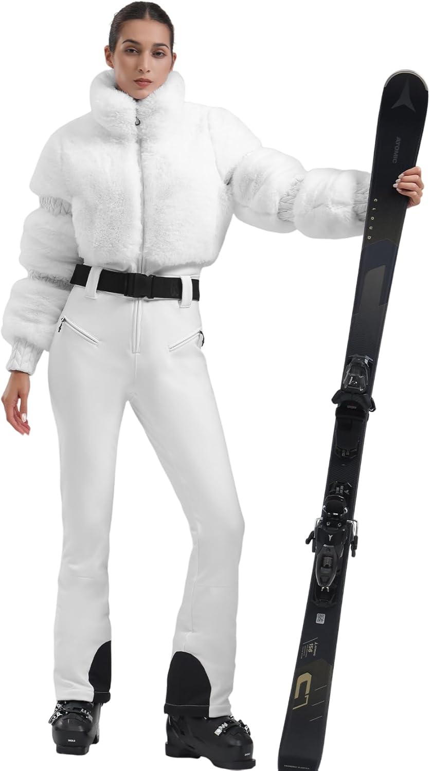 Women Ski Suit One Piece Snowsuit Snowboard Faux Fur Collar Slim Jumpsuit