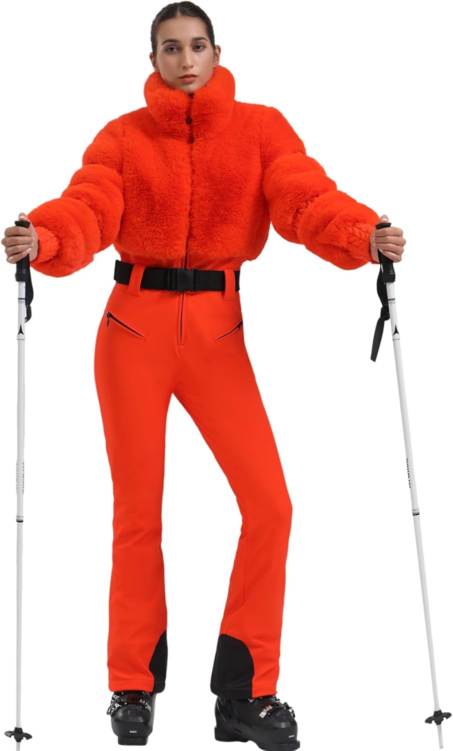 Women Ski Suit One Piece Snowsuit Snowboard Faux Fur Collar Slim Jumpsuit