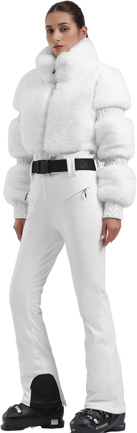 Women Ski Suit One Piece Snowsuit Snowboard Faux Fur Collar Slim Jumpsuit