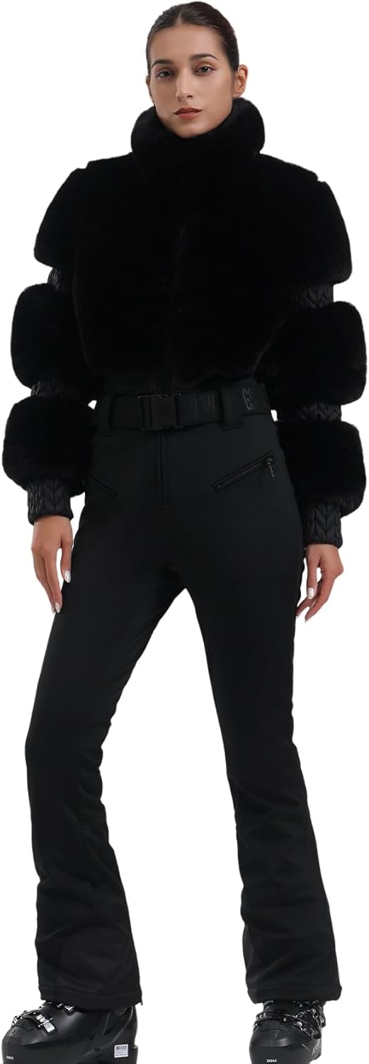 Women Ski Suit One Piece Snowsuit Snowboard Faux Fur Collar Slim Jumpsuit