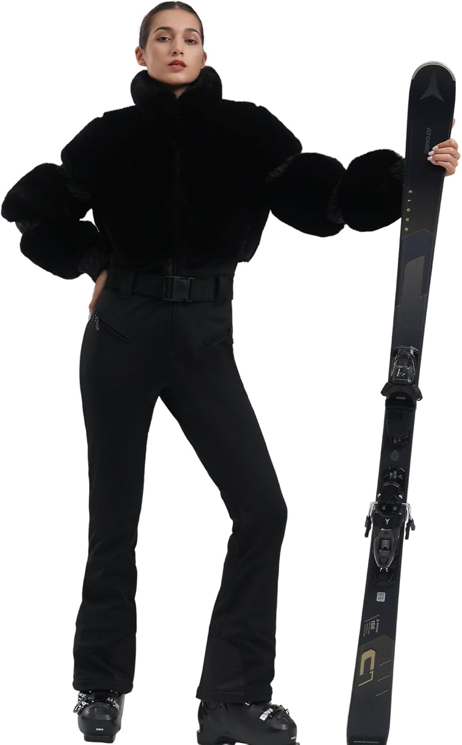 Women Ski Suit One Piece Snowsuit Snowboard Faux Fur Collar Slim Jumpsuit