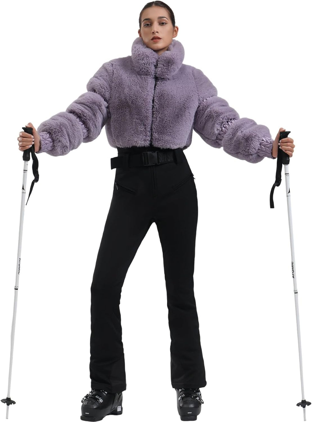 Women Ski Suit One Piece Snowsuit Snowboard Faux Fur Collar Slim Jumpsuit