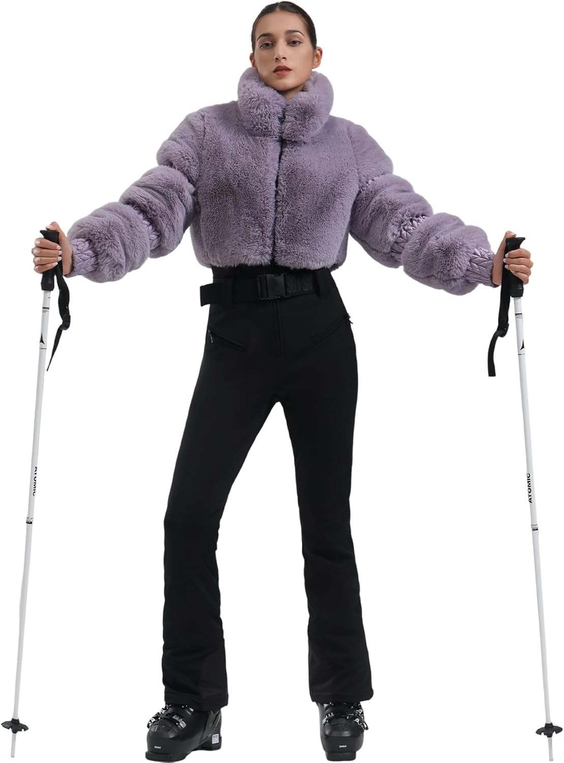 Women Ski Suit One Piece Snowsuit Snowboard Faux Fur Collar Slim Jumpsuit