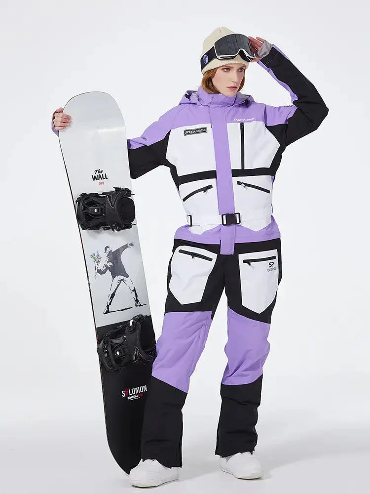 Unisex One Piece Ski Suit Patchwork Snowwear for Winter Sports