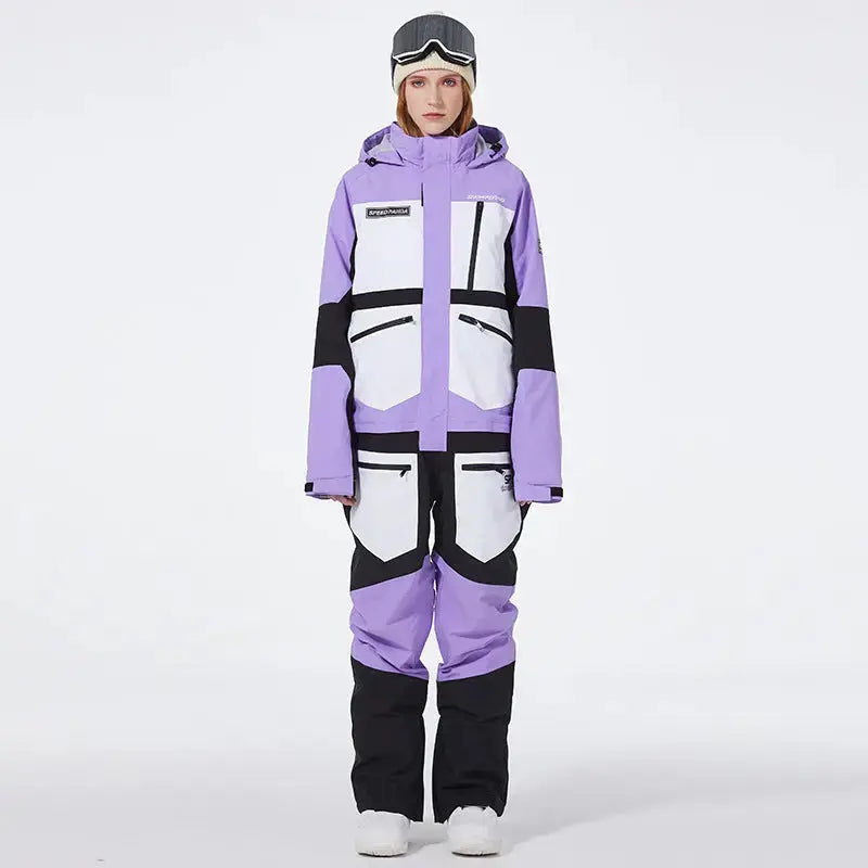 Unisex One Piece Ski Suit Patchwork Snowwear for Winter Sports
