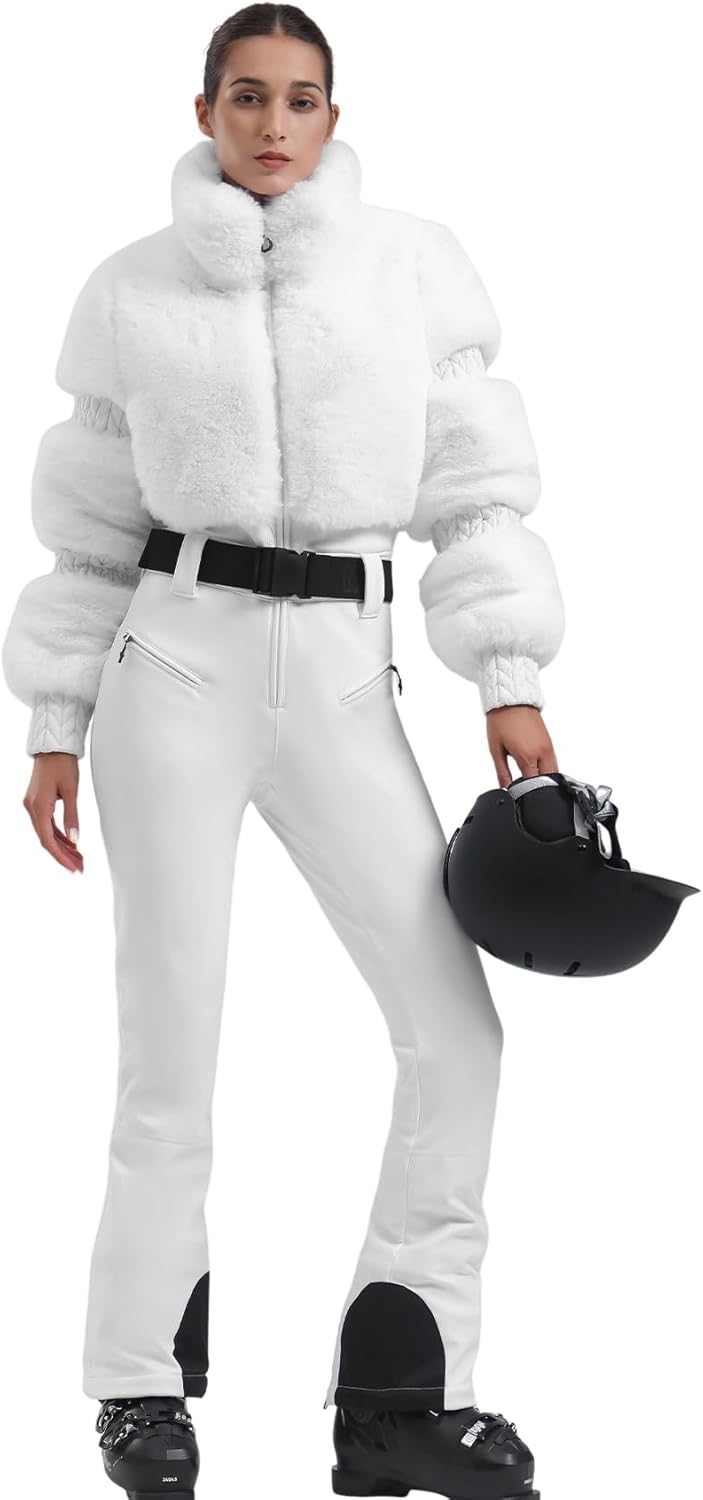 Women Ski Suit One Piece Snowsuit Snowboard Faux Fur Collar Slim Jumpsuit