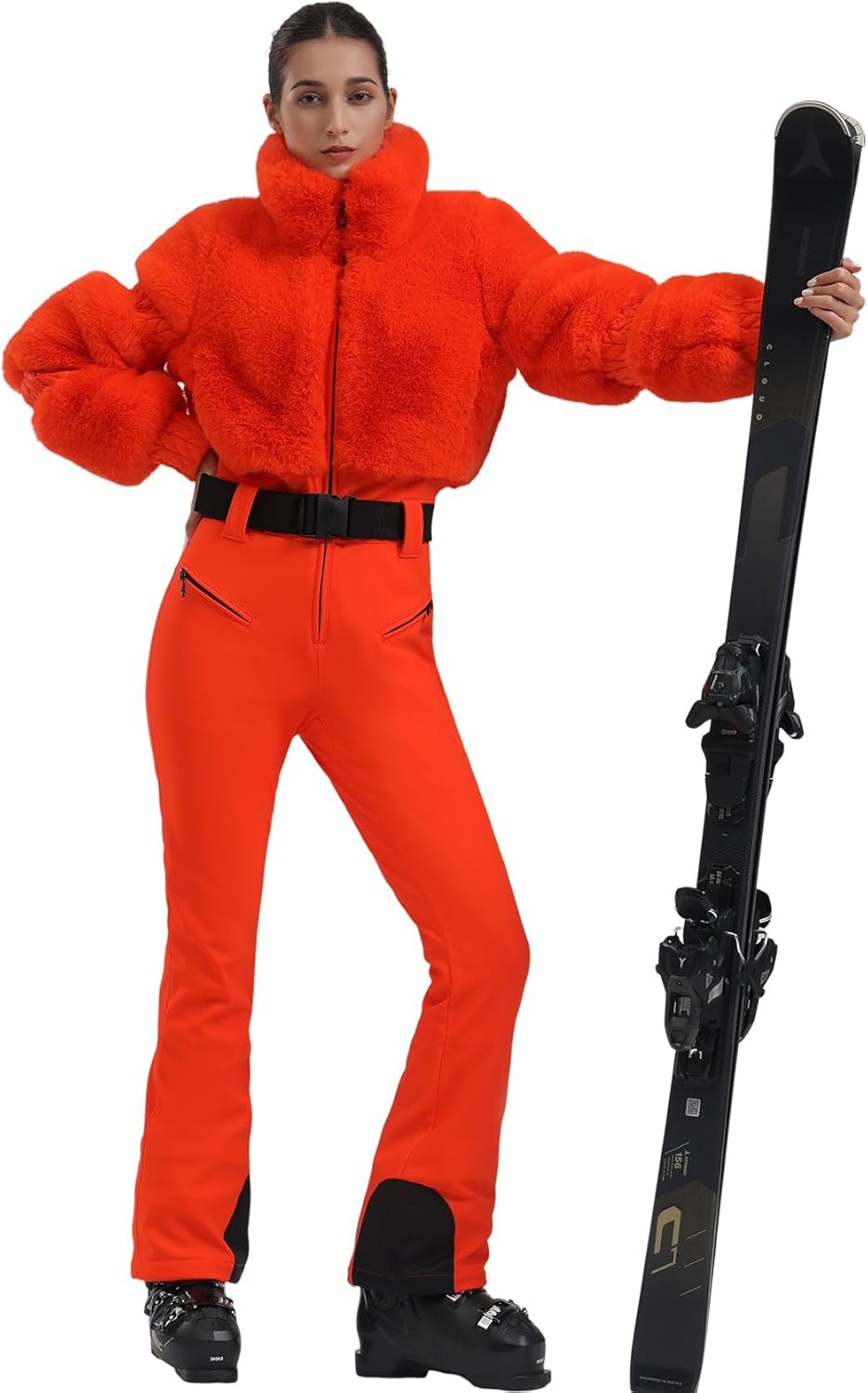 Women Ski Suit One Piece Snowsuit Snowboard Faux Fur Collar Slim Jumpsuit