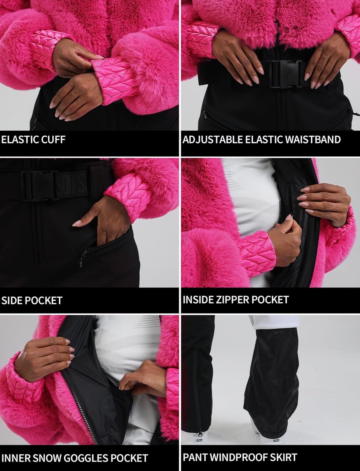Women Ski Suit One Piece Snowsuit Snowboard Faux Fur Collar Slim Jumpsuit