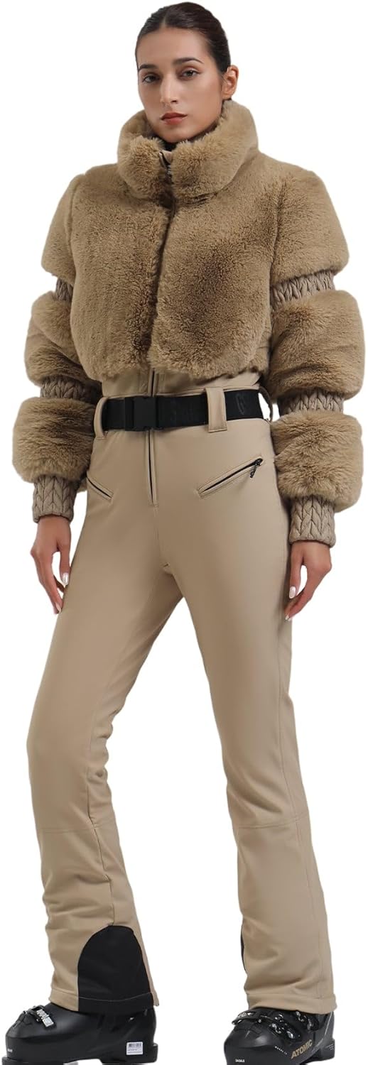 Women Ski Suit One Piece Snowsuit Snowboard Faux Fur Collar Slim Jumpsuit