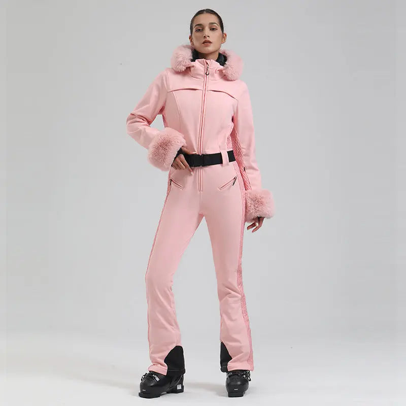 Chic Slim Fit One Piece Ski Jumpsuit with Faux Fur Hood
