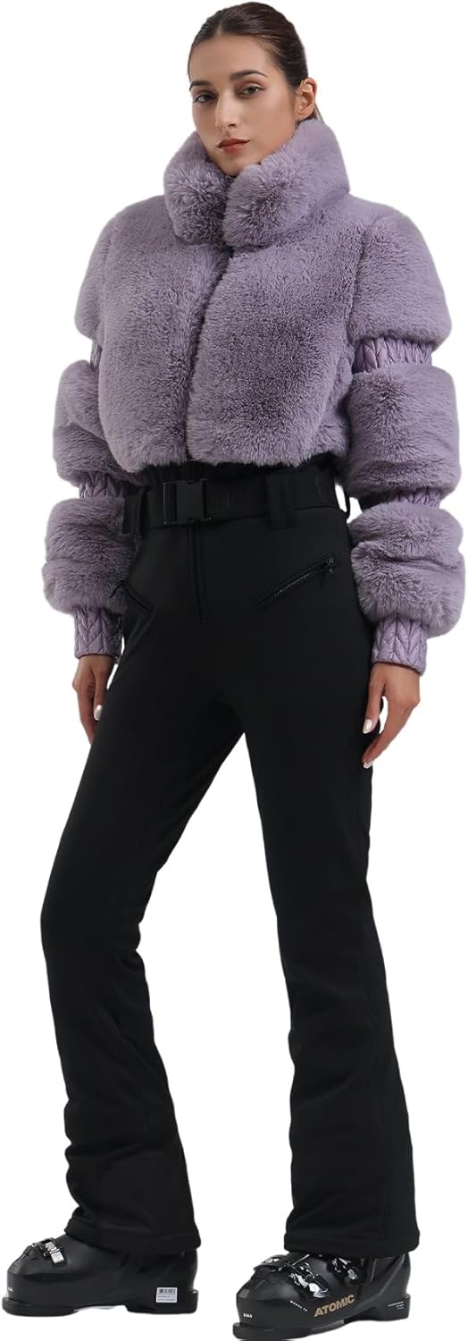 Women Ski Suit One Piece Snowsuit Snowboard Faux Fur Collar Slim Jumpsuit