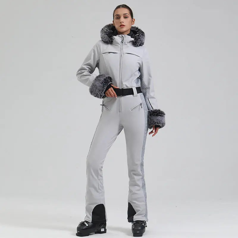 Chic Slim Fit One Piece Ski Jumpsuit with Faux Fur Hood