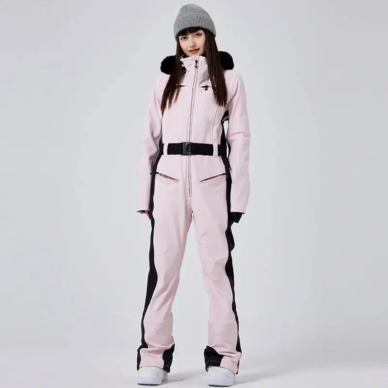 Women’s High Neck Hooded One Piece Ski Suit for Winter Sports