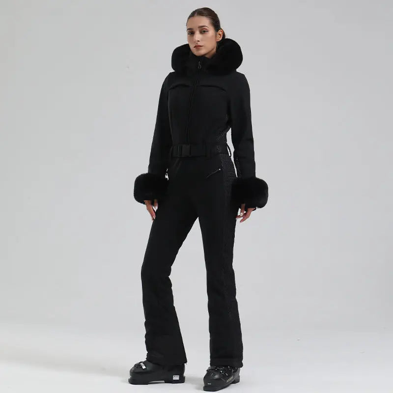 Chic Slim Fit One Piece Ski Jumpsuit with Faux Fur Hood