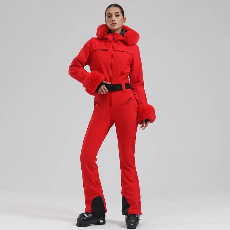 Chic Slim Fit One Piece Ski Jumpsuit with Faux Fur Hood