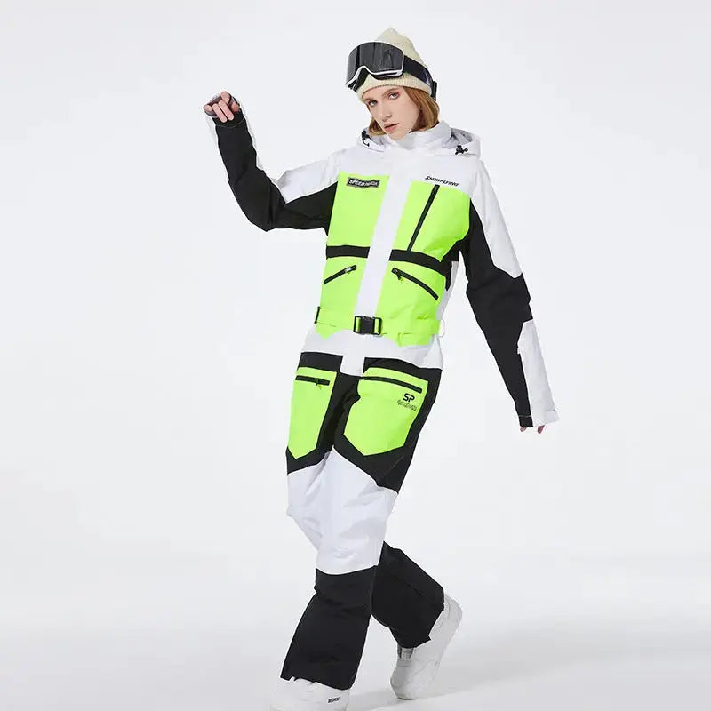 Unisex One Piece Ski Suit Patchwork Snowwear for Winter Sports